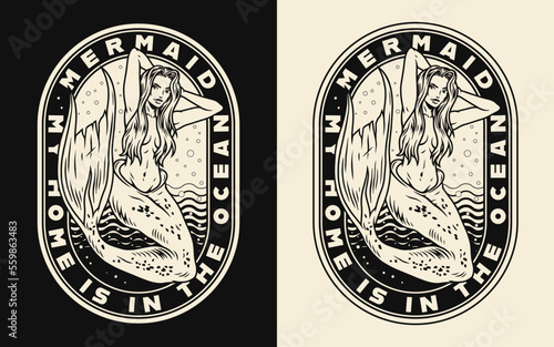 Monochrome emblems with mermaid on a black and white background. T-shirt design vintage style vector