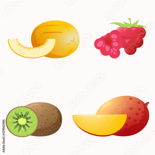 Pacote de ilustrações vetoriais de frutas e suas fatias. Para campanhas publicitárias, vídeos, impressão, estampas.