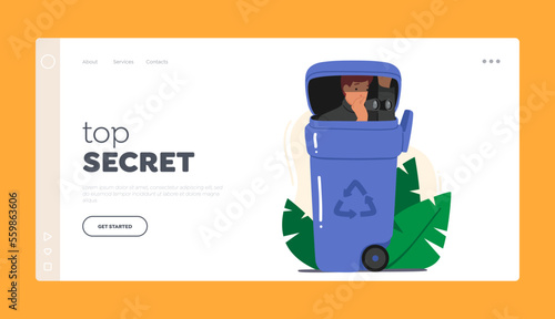 Top Secret Landing Page Template. Male Character Spying, Detective, Agent, Investigator Sitting in Litter Bin