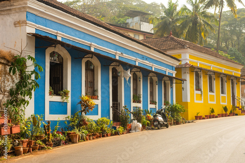 Vintage walls and windows windows of Goan houses in Fontainhas Panaji, Goa. Places to visit in Goa when on vacation. photo