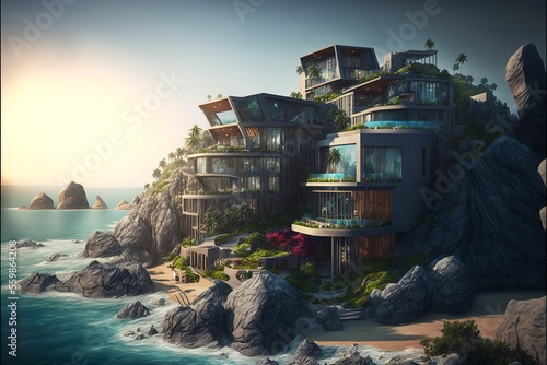 Futuristic and super modern exotic beach resort up in the hill with panoramic glass windows to the ocean 