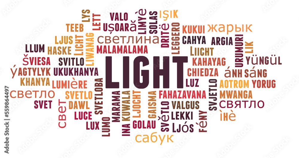 Obraz premium Light in different languages word cloud concept on white