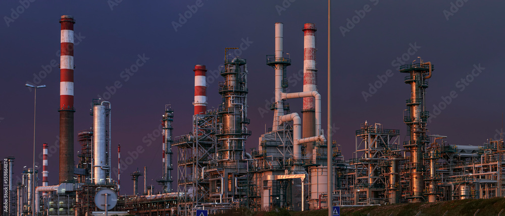 Oil refinery panorama by night