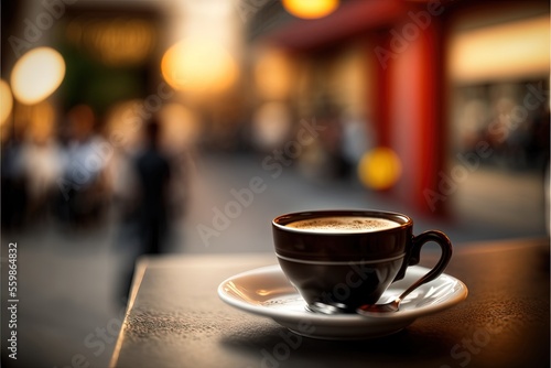  a cup of coffee sitting on top of a table next to a sidewalk and a building with people walking by it and a red light in the background of a blurry background of people.