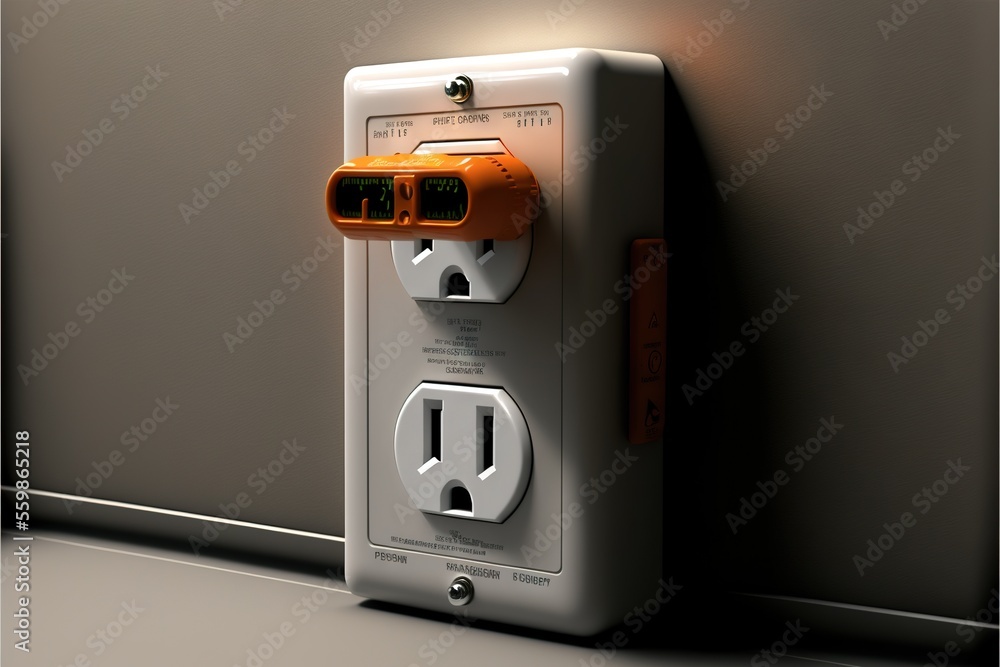 a white electrical outlet with an orange light on it's side and a white wall behind it with a light on the wall and a light on the wall behind it, and a. a white electrical outlet with an orange light on it's side and a white wall behind it with a light on the wall and a light on the wall behind it, and a.