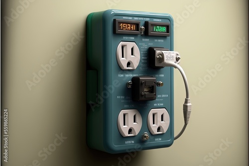  a green electrical device with two outlets and a timer on it's side, mounted on a wall, with a plug in the middle of the wall and a white cord plug in the middle.
