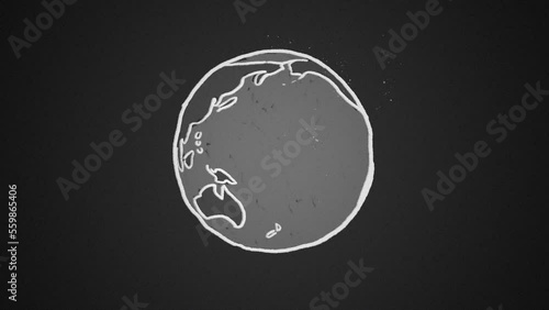 Vintage style hand drawn animation of spinning planet Earth. Looping animation on dark background
