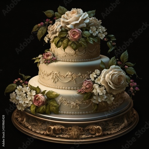  a three tiered cake with flowers on a plate on a table with a black background and a gold frame around it and a black background with a gold border around the edges and a. generative ai