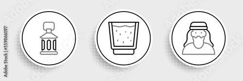 Set line Muslim man, Ramadan Kareem lantern and Glass with water icon. Vector