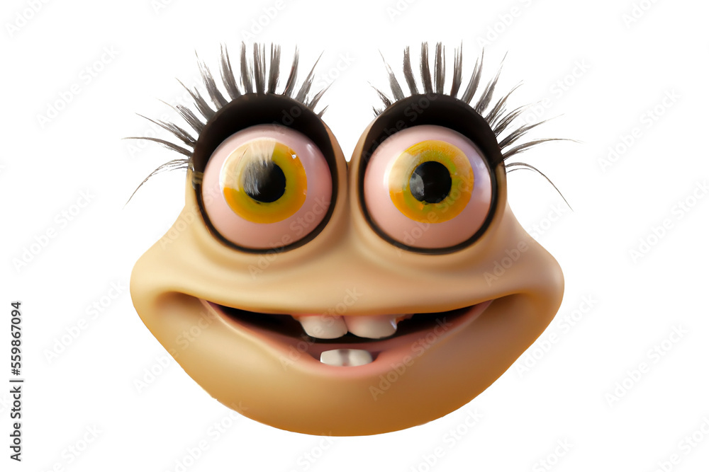 Funny strange fantasy monster smiling with big eyes - Generative AI 3D Illustration isolated on white background Funny strange fantasy monster smiling with big eyes - Generative AI 3D Illustration isolated on white background