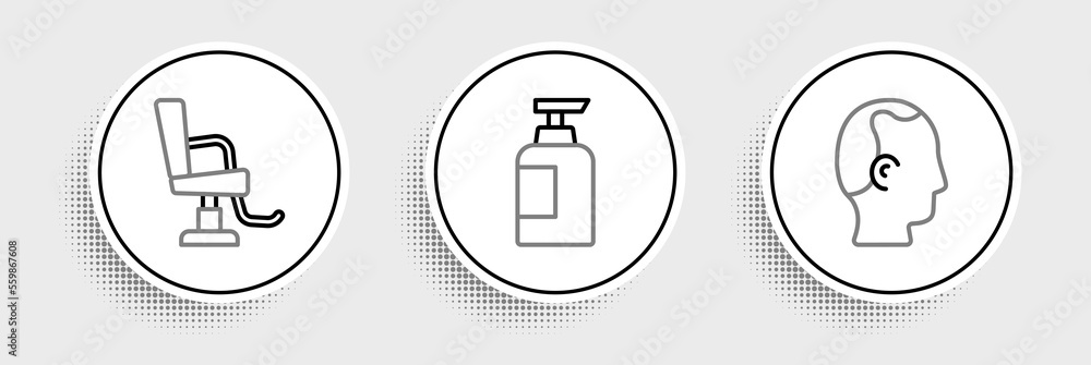 Set line Baldness, Barbershop chair and Bottle of shampoo icon. Vector Set line Baldness, Barbershop chair and Bottle of shampoo icon. Vector