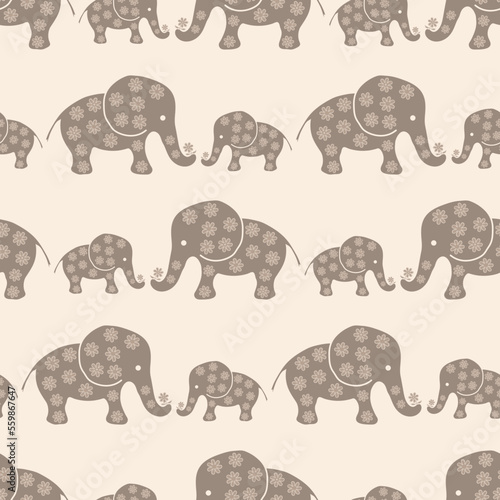 Cute baby elephant vector seamless pattern background. Adorable simple beige brown gender neutral backdrop with naive hand drawn elephants. Geometric repeat design for nursery, children.