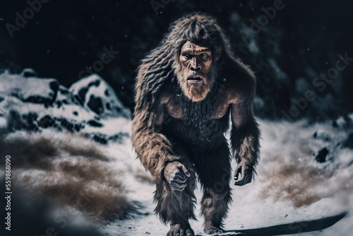 Caveman walks in snow. Generative AI