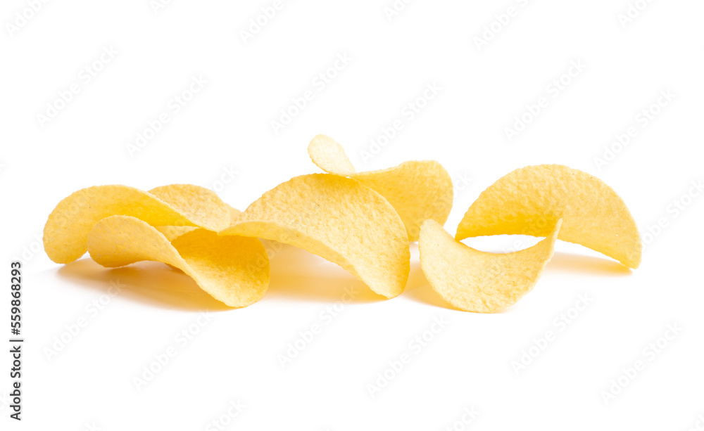 Potato chips on white background. Isolated on a white background. Potato chips on white background. Isolated on a white background.