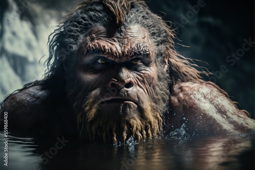 Prehistoric man in the water. Generative AI