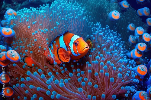 Billede på lærred Clownfish with vibrant colors gracing coral reefs. Generative AI