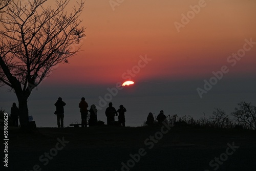 The first sunrise of the new year. Traditional cultural events for Japanese people who welcome the new year are going to a Shinto shrine for New Year's visit and watching the first sunrise of the year