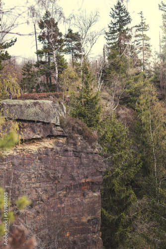 View of mountain forms, limestones, beautiful rocks in the Stołowe Mountains, rock formations that create interesting shapes and anomalies. Mountain National Park in Poland