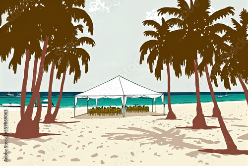 A destination wedding on the beach  with a tent for guests.