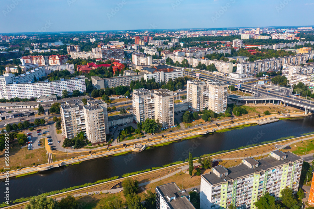 Aerial cityscape of Kant Island in Kaliningrad, Russia at sunny summer day