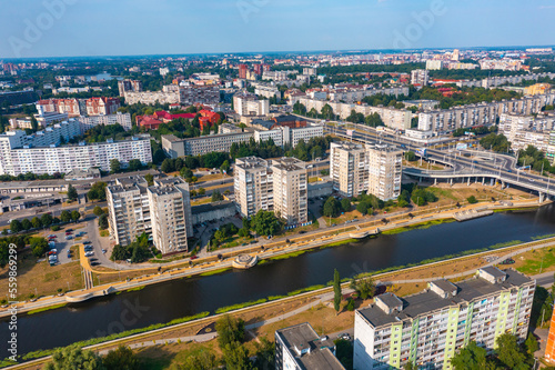 Aerial cityscape of Kant Island in Kaliningrad, Russia at sunny summer day