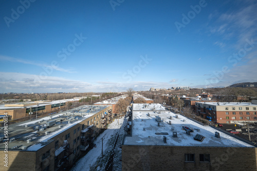 Roofs of buildings in the west of Montreal in winter.