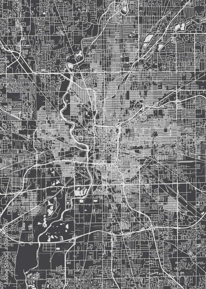 City map Indianapolis, monochrome detailed plan, vector illustration