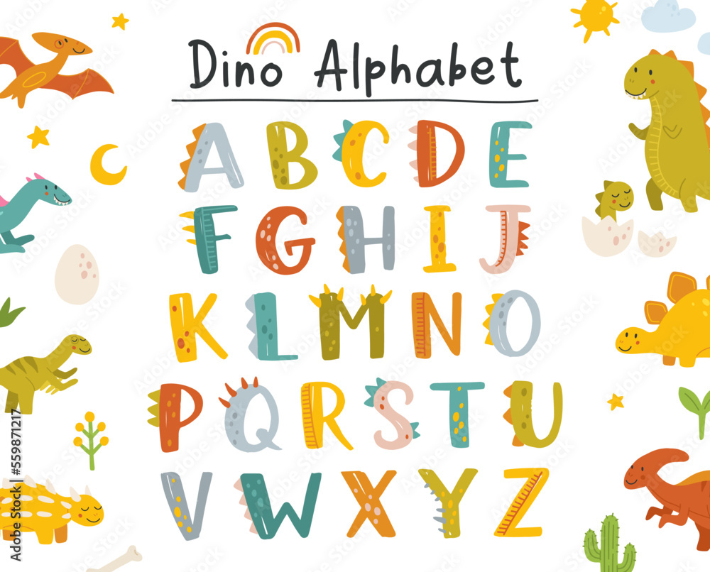 Vector funny comic Dino alphabet on a white background in cartoon style. Bright modern illustration for kids, nursery, poster, card, birthday party, packaging paper design, baby t-shirts. Vector funny comic Dino alphabet on a white background in cartoon style. Bright modern illustration for kids, nursery, poster, card, birthday party, packaging paper design, baby t-shirts.