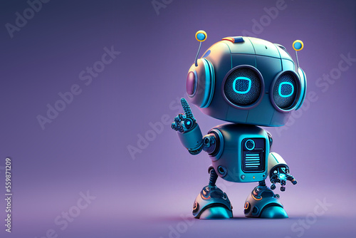 Positive cute robot pointing at a space. Copy space, ai generated © Sandu