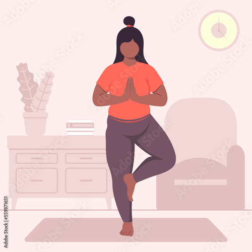 Black Skin Pregnant Woman Doing Vrikshasana Yoga At Home Vector Illustration In Flat Style
