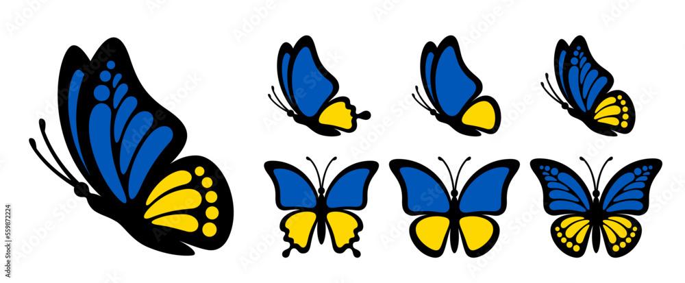 Fototapeta premium Black outline butterfly with blue yellow wings isolated on white background. Side view vector graphic illustration. Patriotic concept is perfect for Ukraine patriot sticker, icon and decoration design