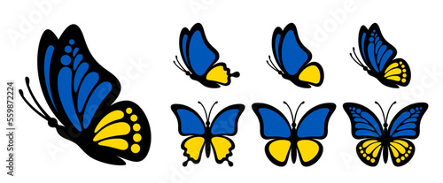 Black outline butterfly with blue yellow wings isolated on white background. Side view vector graphic illustration. Patriotic concept is perfect for Ukraine patriot sticker, icon and decoration design