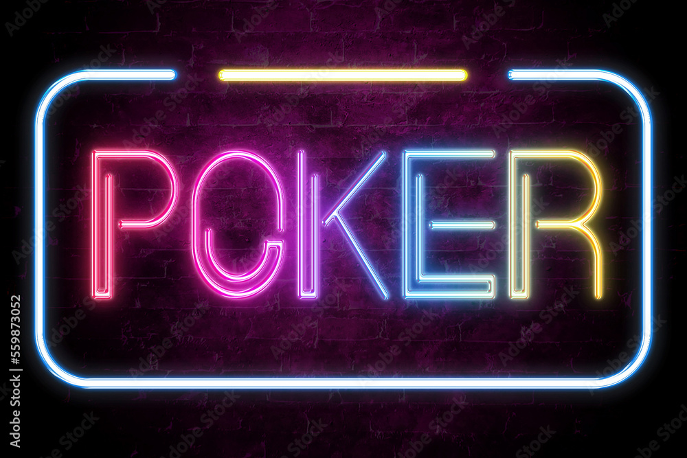 poker text on the brick wall in realistic color neon glow poker text on the brick wall in realistic color neon glow