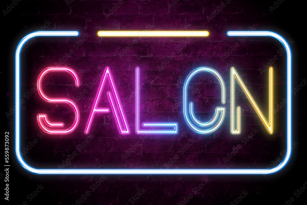salon text on the brick wall in realistic color neon glow