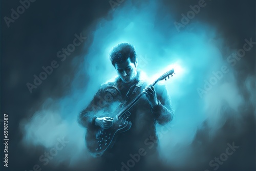 Mysterious man plays guitar in glowing fog © Анастасия Птицова