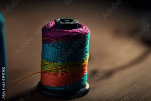 Different color spools of thread for the textile industry. background 