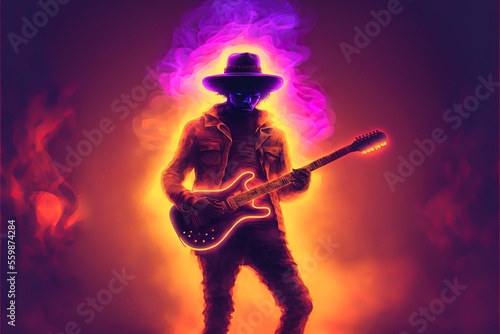 Mysterious man plays guitar in glowing fog