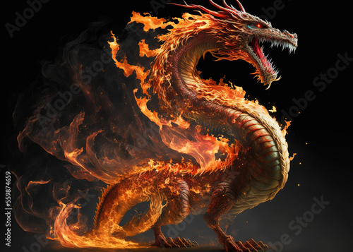 Fire breathes explode from a giant chinese dragon in a black night, the epic battle evil - concept art (ai generated)
