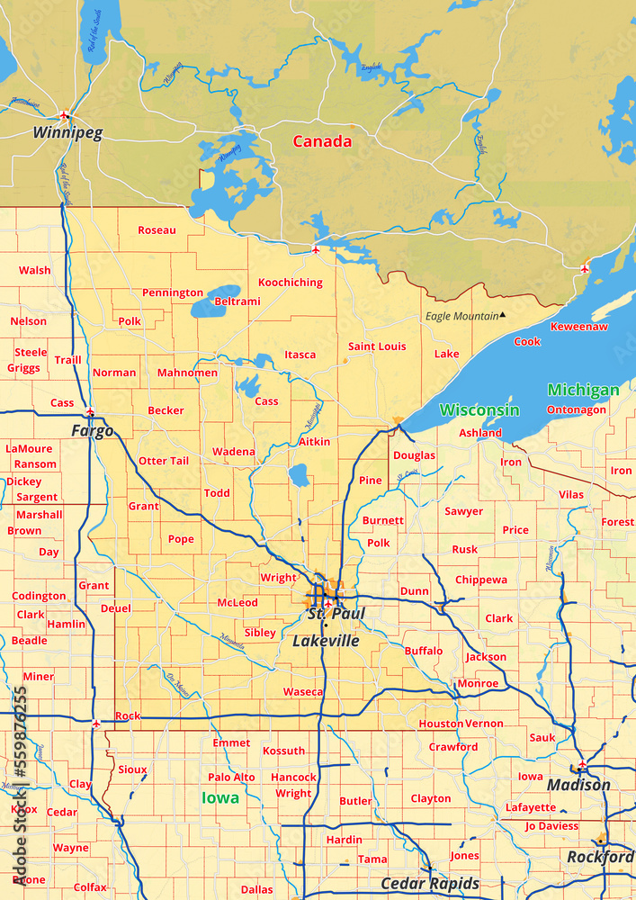 Minnesota Karte mit Städte Gemeinde Landkreise Flüße Straßen Minnesota Karte mit Städte Gemeinde Landkreise Flüße Straßen