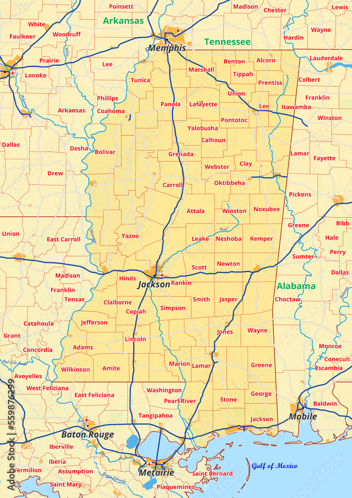Mississippi Karte mit Städte Gemeinde Landkreise Flüße Straßen Mississippi Karte mit Städte Gemeinde Landkreise Flüße Straßen