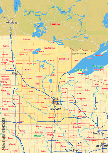 Minnesota Karte mit Städte Gemeinde Landkreise Flüße Straßen
