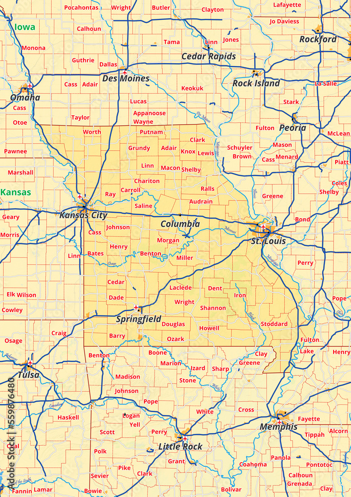 Missouri Karte mit Städte Gemeinde Landkreise Flüße Straßen