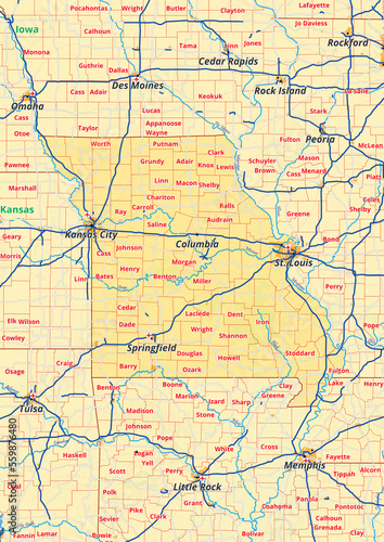 Missouri Karte mit St  dte Gemeinde Landkreise Fl    e Stra  en