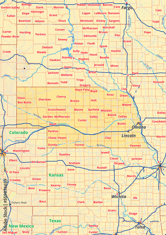 Nebraska Karte mit Städte Gemeinde Landkreise Flüße Straßen