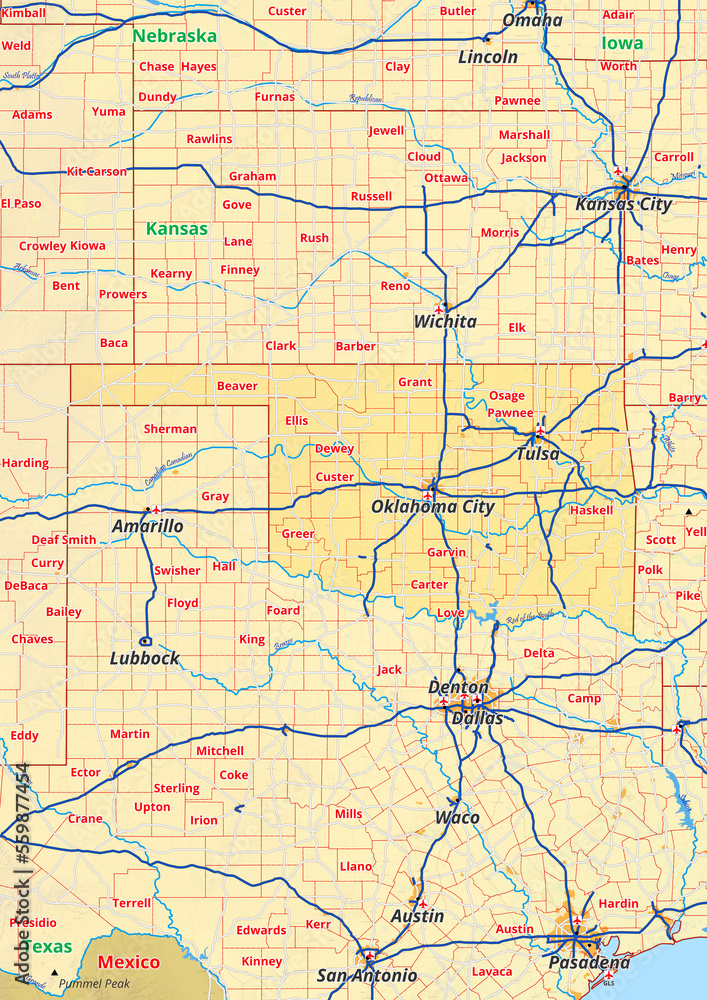 Oklahoma Karte mit Städte Gemeinde Landkreise Flüße Straßen Oklahoma Karte mit Städte Gemeinde Landkreise Flüße Straßen