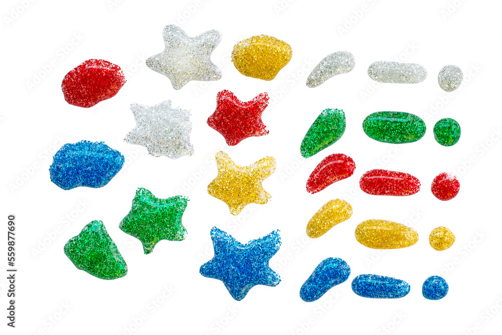 Set of different colored glitters drops. Decorative elements. Png isolated with transparency