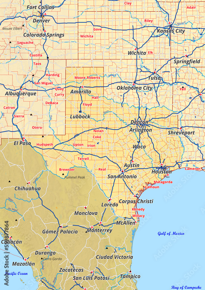 Texas Karte mit Städte Gemeinde Landkreise Flüße Straßen