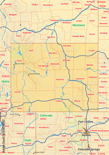 Wyoming Karte mit Städte Gemeinde Landkreise Flüße Straßen