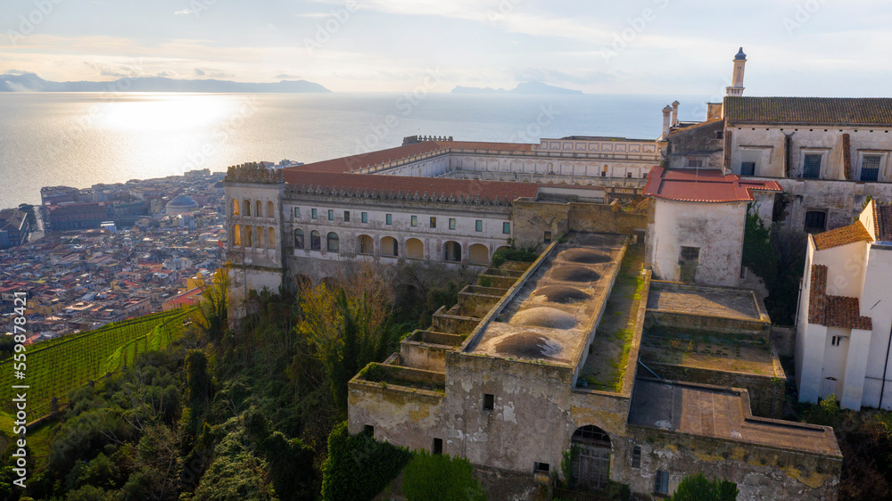 Aerial view of the Charterhouse of St. Martin, a former monastery complex, now a national museum, located in Naples, Italy. It's located on Vomero hill that commands the gulf and city.