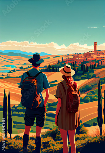 Young couple travelers looking at the distance beautiful fields of Tuscany. In at late afternoon. Generative Ai illustration in vector style.